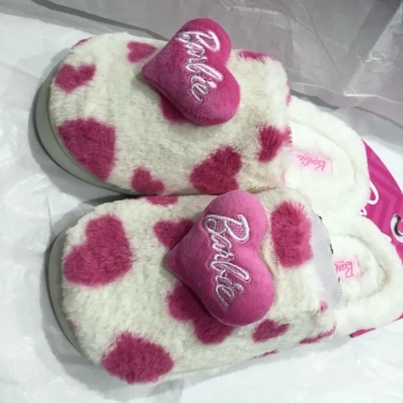 Barbie white & pink hearts puffy pink Barbie heart faux fur slippers size XL new - Picture 7 of 8